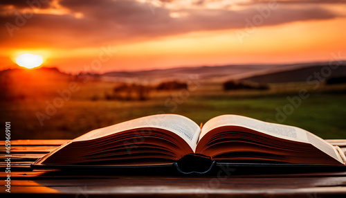  an open book on a wooden table with a sunset in the background