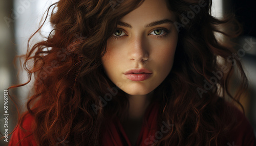 Beautiful young woman with brown curly hair looking confidently at camera generated by AI