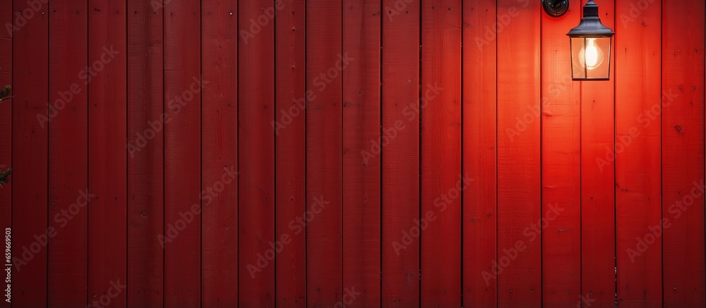 Vintage hanging lamp on a red wooden wall Illumination of a wooden house Traditional porch lamp Camping house light