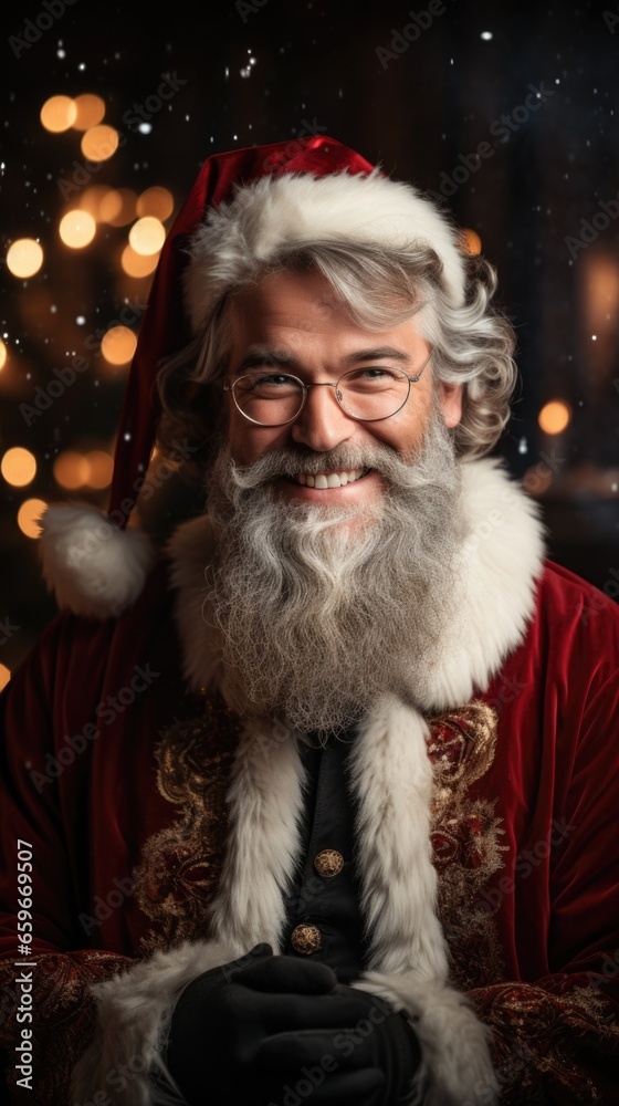 Santa claus in red costume and smiling.