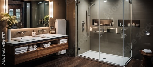 updated glass shower cabin with modern plumbing and full facilities
