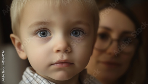 Cute Caucasian baby boy looking at camera happily generative AI