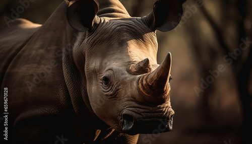 Large rhinoceros grazing in African wilderness area generative AI
