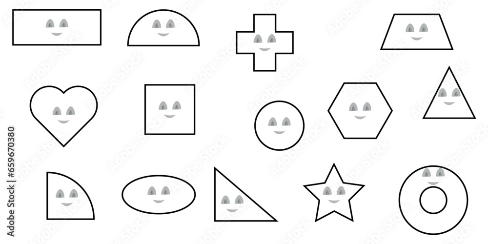 Geometric shapes funny faces and eyes. Mathematics resources for teachers and students. Vector illustration isolated on white background for kids. Geometric shapes funny faces and eyes. Mathematics resources for teachers and students. Vector illustration isolated on white background for kids.
