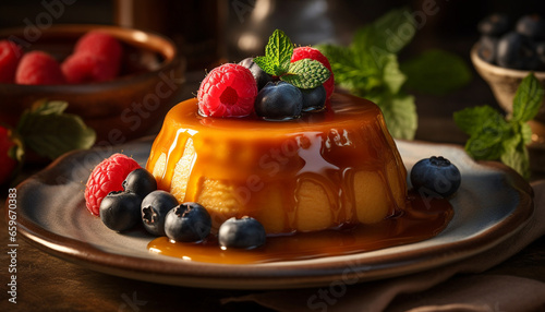 Sweet berry dessert on wooden plate indulgence generative AI