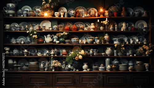 Abundance of antique pottery decorates ornate shelf in domestic kitchen generated by AI