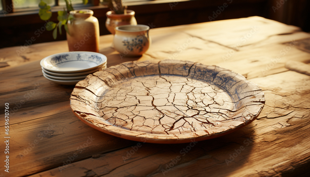 Rustic earthenware pottery adorns old fashioned table in domestic kitchen generated by AI