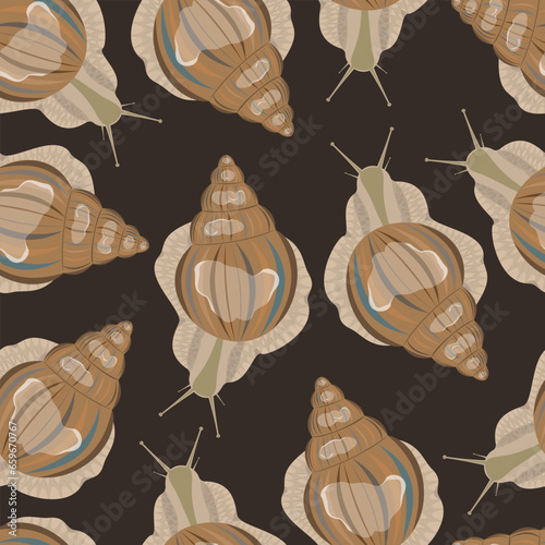 Seamless pattern with large medicinal snails on a brown background