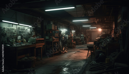 Men working in dark metal workshop indoors generative AI