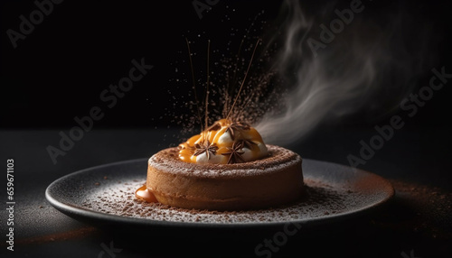 Sweet chocolate cheesecake slice on black crockery plate generative AI