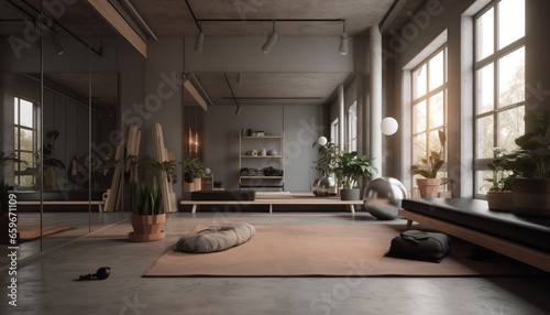 A modern, elegant living room with comfortable sofa and electric lamp generated by AI