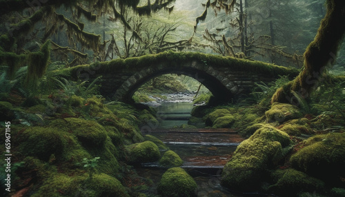 Ancient bridge crosses wet ravine in forest generative AI
