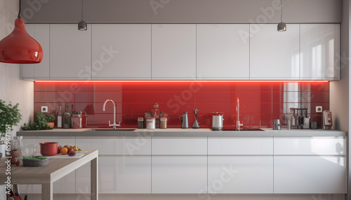 Modern domestic kitchen design with stainless steel appliances and marble countertops generated by AI