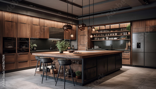 Modern domestic kitchen design with luxury stainless steel appliances and granite generated by AI