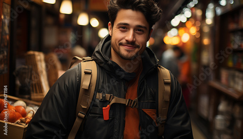 Confident young man smiling, backpack on, exploring city at night generated by AI