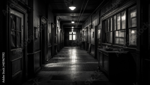 Spooky old hospital corridor with vanishing point and dim lighting generated by AI
