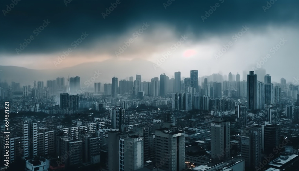 Beijing modern skyline illuminated by blue twilight and foggy sunset generated by AI