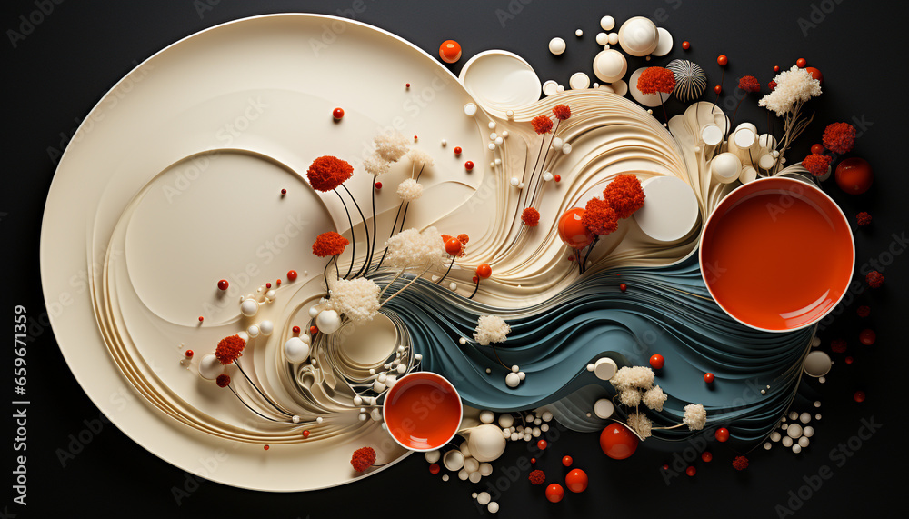 Organic fruit dessert, shiny liquid drop, ornate decoration, generative wallpaper generated by AI