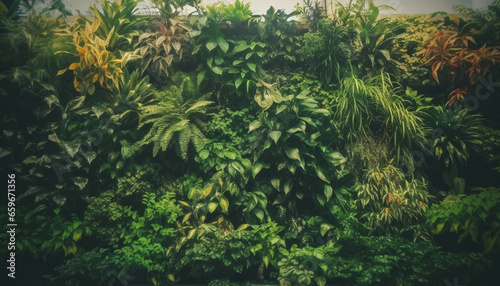 Vibrant green foliage thrives in tropical rainforest  surrounded by water generated by AI