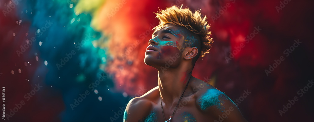 Fototapeta Dark-skinned guy with a fashionable hairstyle at the festival of colors