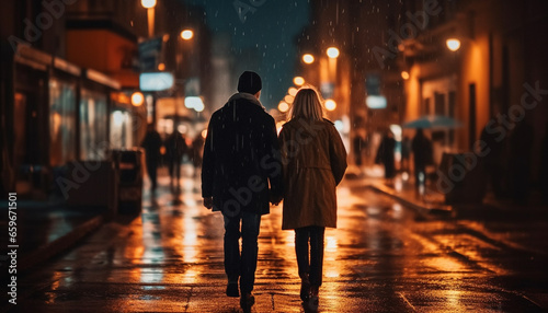 Young adult couple walking in illuminated city, embracing in rain generated by AI © Stockgiu