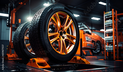 mend the tires In a service facility or auto repair shop, inspect the state of the new tires that are available for replacement. Tire storage facility for the automotive sector