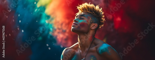Fototapeta Dark-skinned guy with a fashionable hairstyle at the festival of colors
