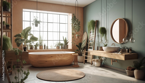 Modern domestic bathroom design with elegant wood flooring and clean faucet generated by AI