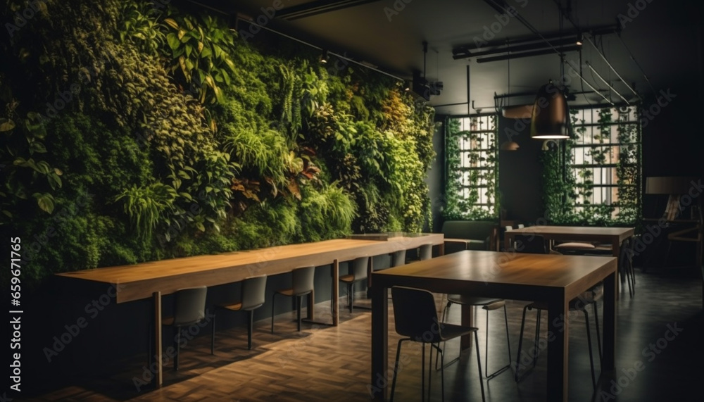 A modern rustic home interior with green plants and comfortable seating generated by AI