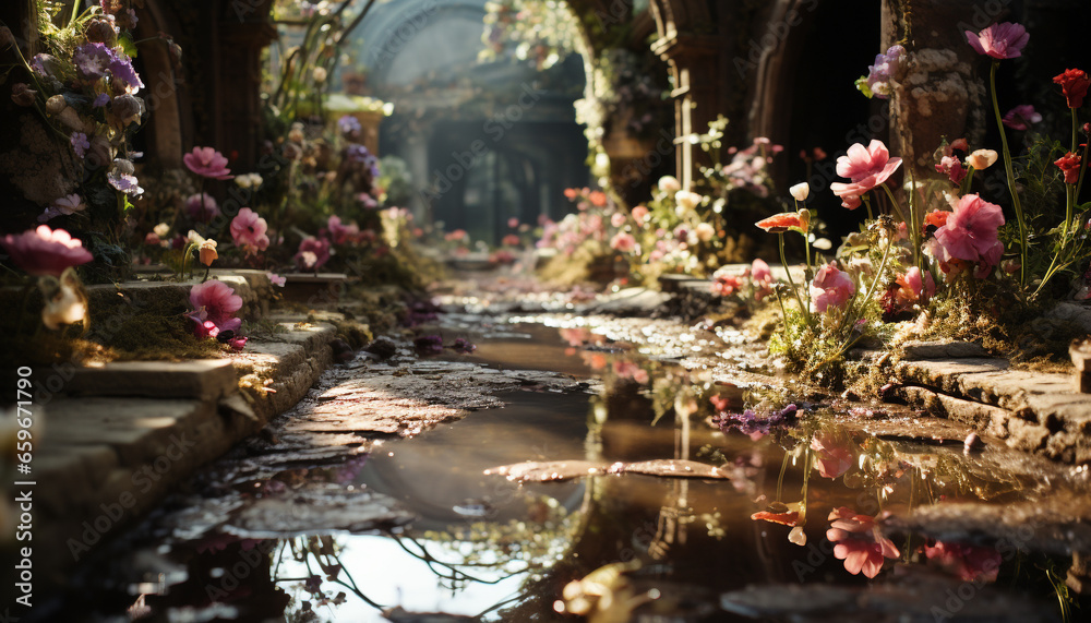 Tranquil scene of a pink blossom reflecting in a pond generated by AI
