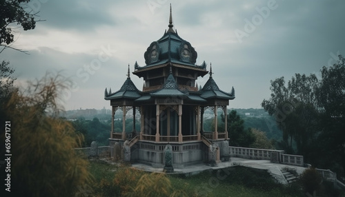 Ancient pagoda roof rises above misty forest, a spiritual journey generated by AI