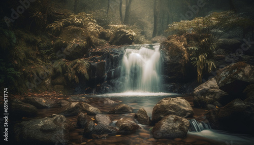 Tranquil scene of flowing water in a lush tropical rainforest generated by AI