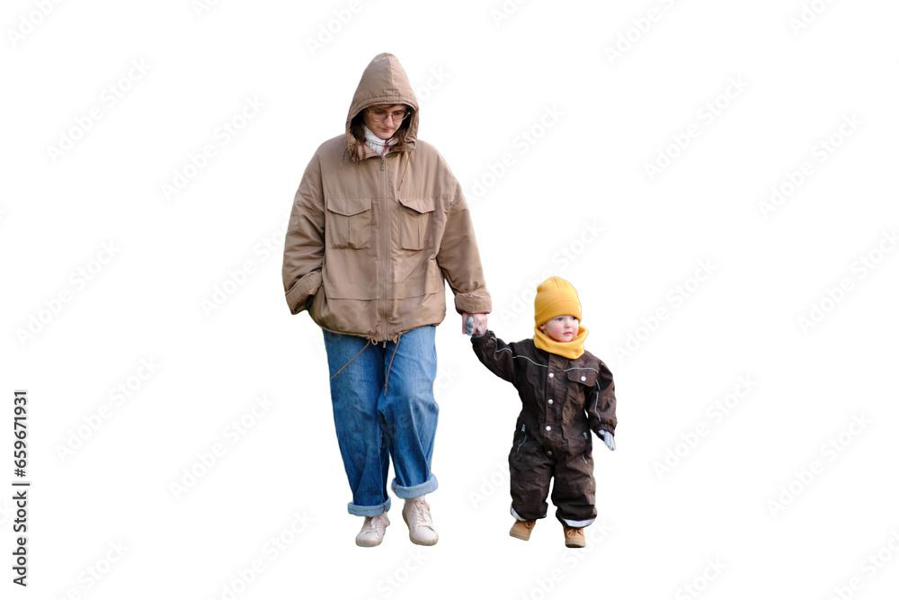 The young boy and his mother take a walk on a sunny summer day, taking care to stay safe on the road, isolated on white background. The young boy and his mother take a walk on a sunny summer day, taking care to stay safe on the road, isolated on white background.