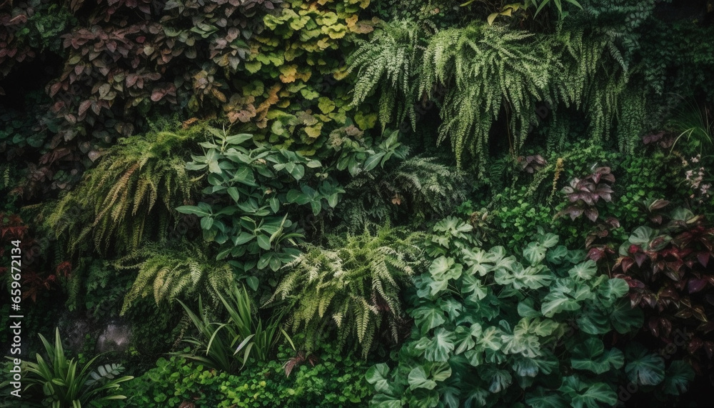 Vibrant foliage decorates tranquil forest path in tropical rainforest generated by AI