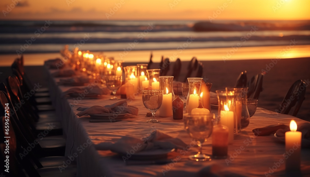 Candlelight romance on tranquil summer night at tropical resort coastline generated by AI