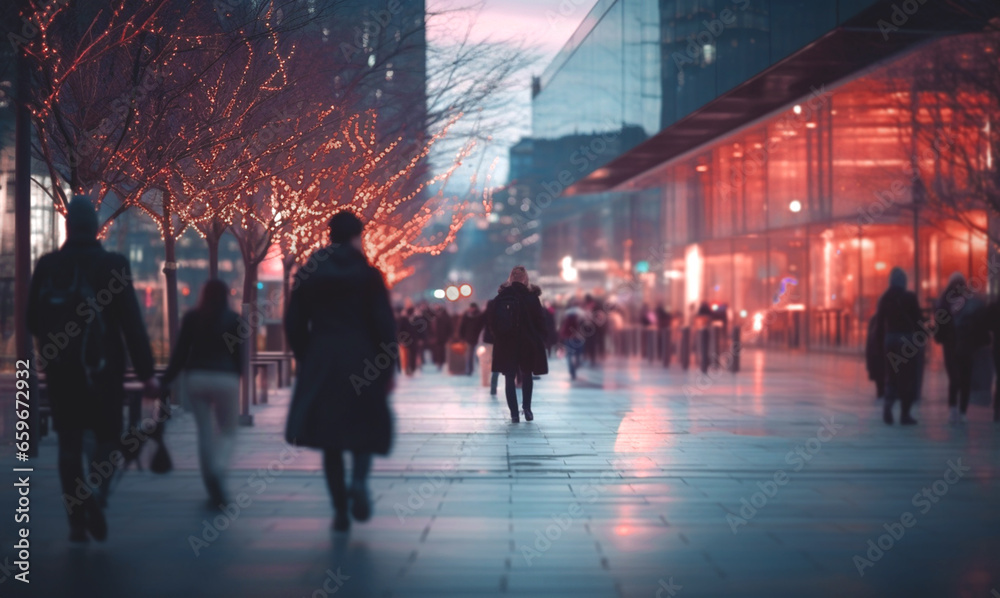 People walking in the city in the evening. Winter scene