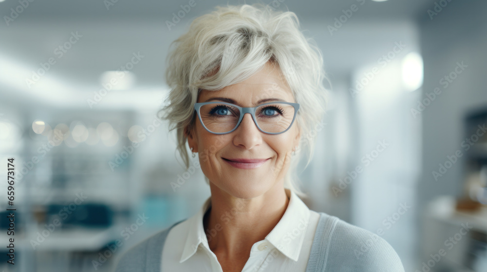 Healthcare, Eyesight And Vision Concept. Happy senior woman choosing glasses at optics store, selective focus. - obrazy, fototapety, plakaty 