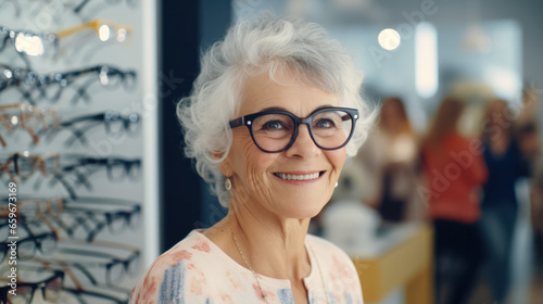 Healthcare, Eyesight And Vision Concept. Happy senior woman choosing glasses at optics store, selective focus.