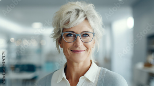 Healthcare, Eyesight And Vision Concept. Happy senior woman choosing glasses at optics store, selective focus. photo