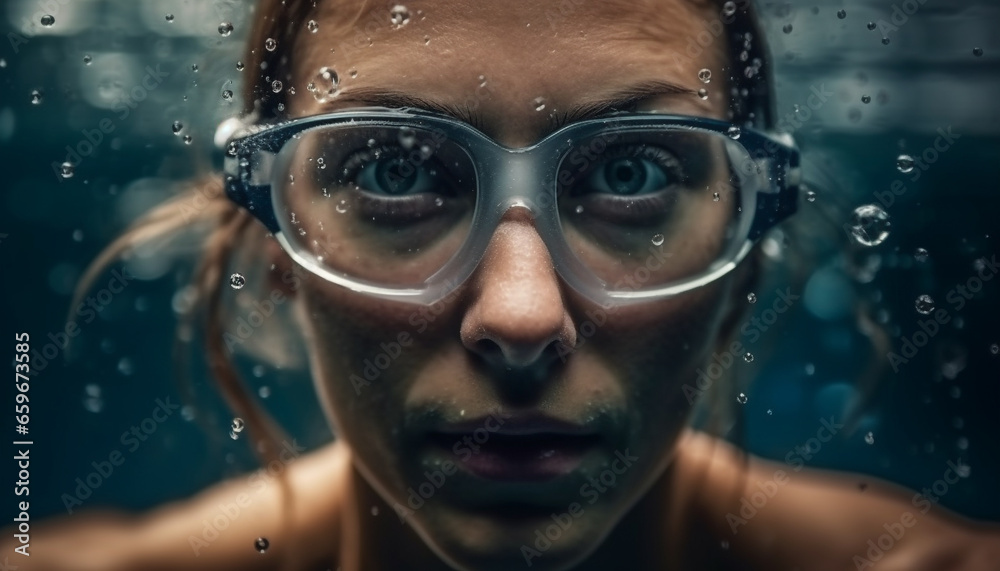 Fototapeta premium Wet adult underwater, swimming with goggles on generative AI