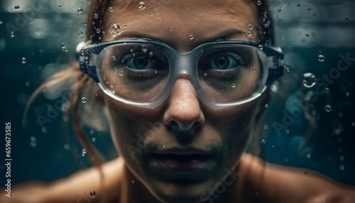 Wet adult underwater, swimming with goggles on generative AI © Jeronimo Ramos
