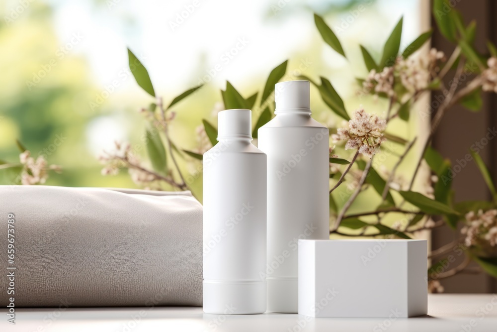 Clean white cosmetic product mockups. Two clean white plastic shampoo and conditioner bottles. White box for cream. White cosmetic bag. On a soft natural green background of leaves. Mockups for design