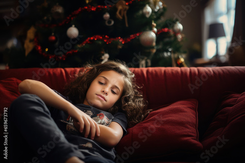 Young girl relaxing on the sofa. Behind the Christmas tree. Festive background. Generative Ai