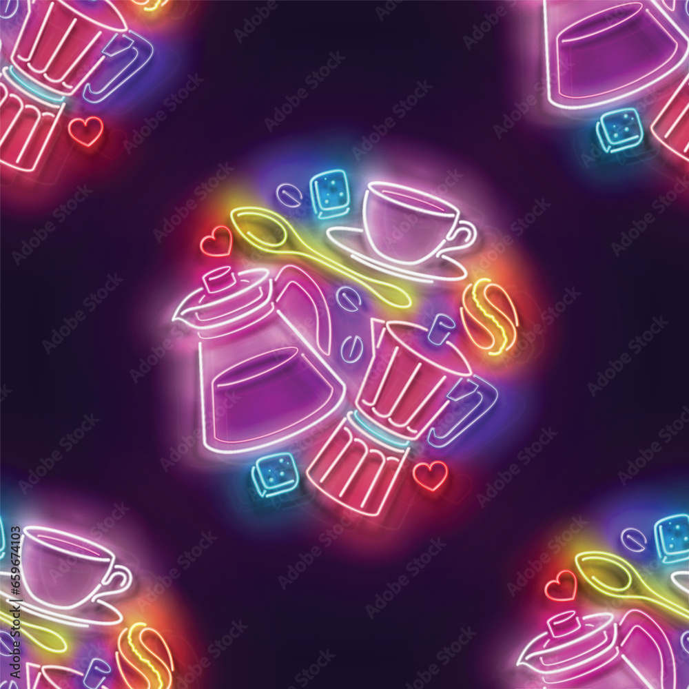 Fototapeta premium Seamless pattern with glow Different Types of Coffee. Cafe Label. Cappuccino, Espresso, Americano, Turkish. Neon Light Texture, Signboard. Glossy Background. Vector 3d Illustration