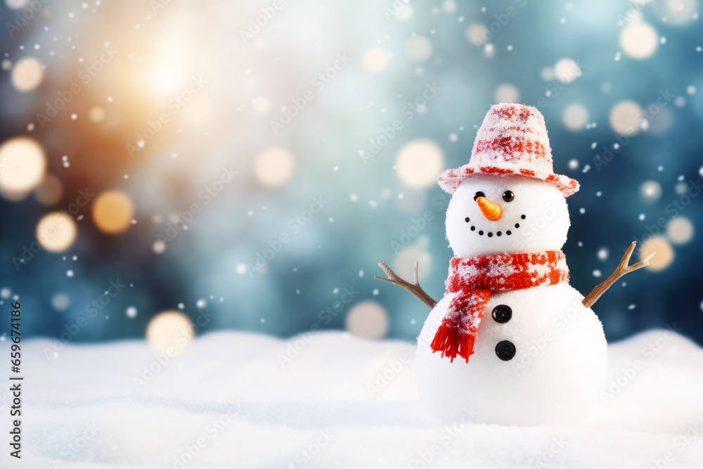 Smiling Snowman on Winter Blurred Landscape Background, Greeting Card with Copy Space