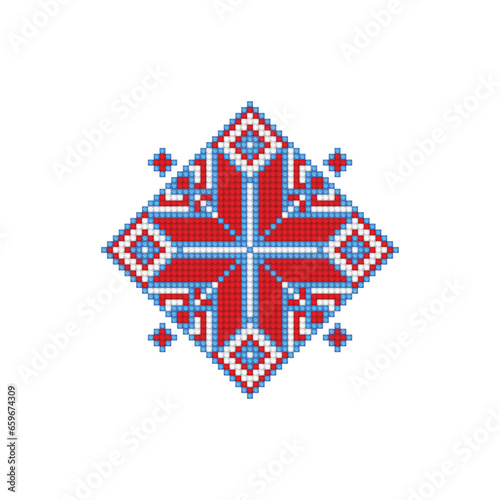 Realistic Cross-Stitch Embroideried Ornate Element. Ethnic Motif, Handmade Stylization. Traditional Ukrainian Red and Blue Embroidery. Ethnic Single Design Element. Vector 3d Illustration