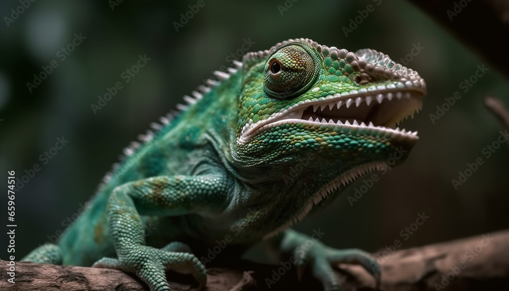 Obraz premium Horned lizard on branch in tropical forest generative AI