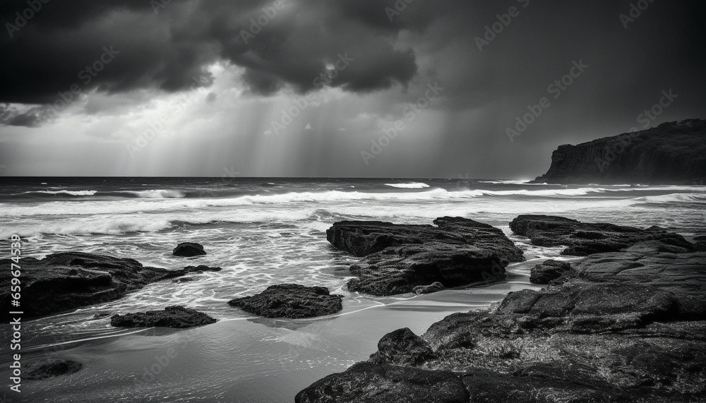 Obraz premium Monochrome seascape dramatic cliff, breaking wave, wet rock, awe inspiring beauty generated by AI