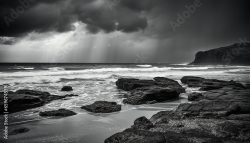 Monochrome seascape dramatic cliff, breaking wave, wet rock, awe inspiring beauty generated by AI