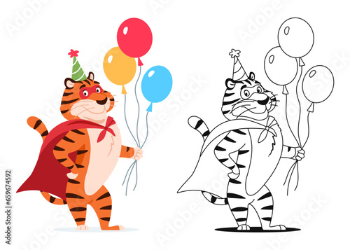 Coloring page. Funny cartoon tiger superman with balloons on white background. Cute animal character for kids preschool activity. Black and white outline sketch. Coloring book vector illustration.